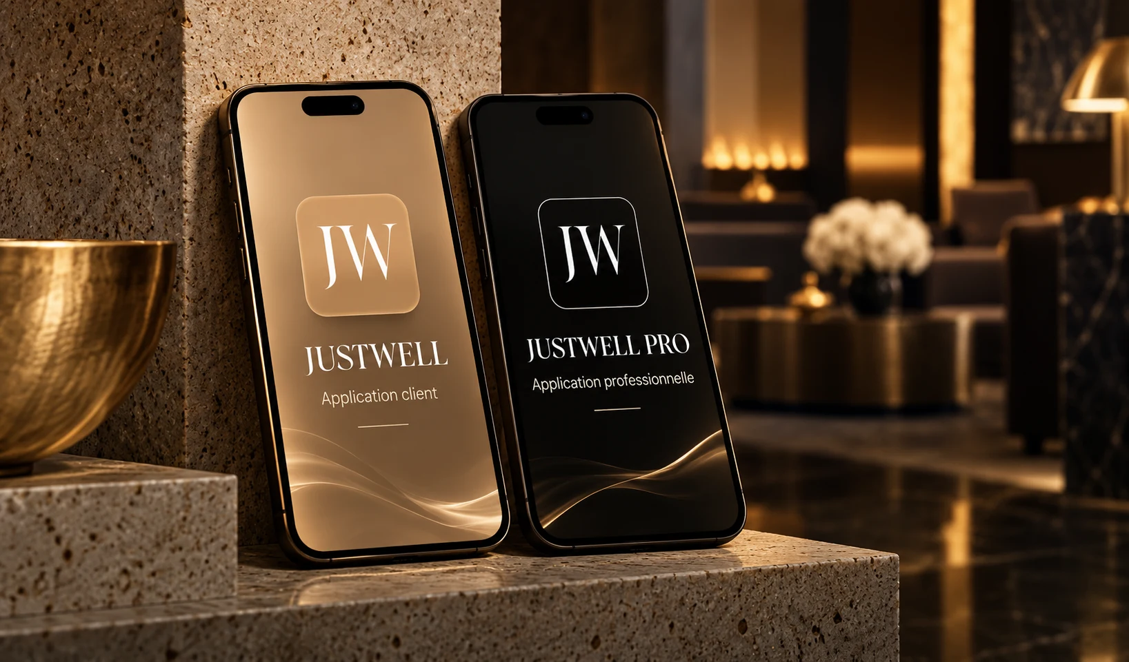JUSTWELL et JUSTWELL PRO présentées sur deux téléphones, dans un décor doré