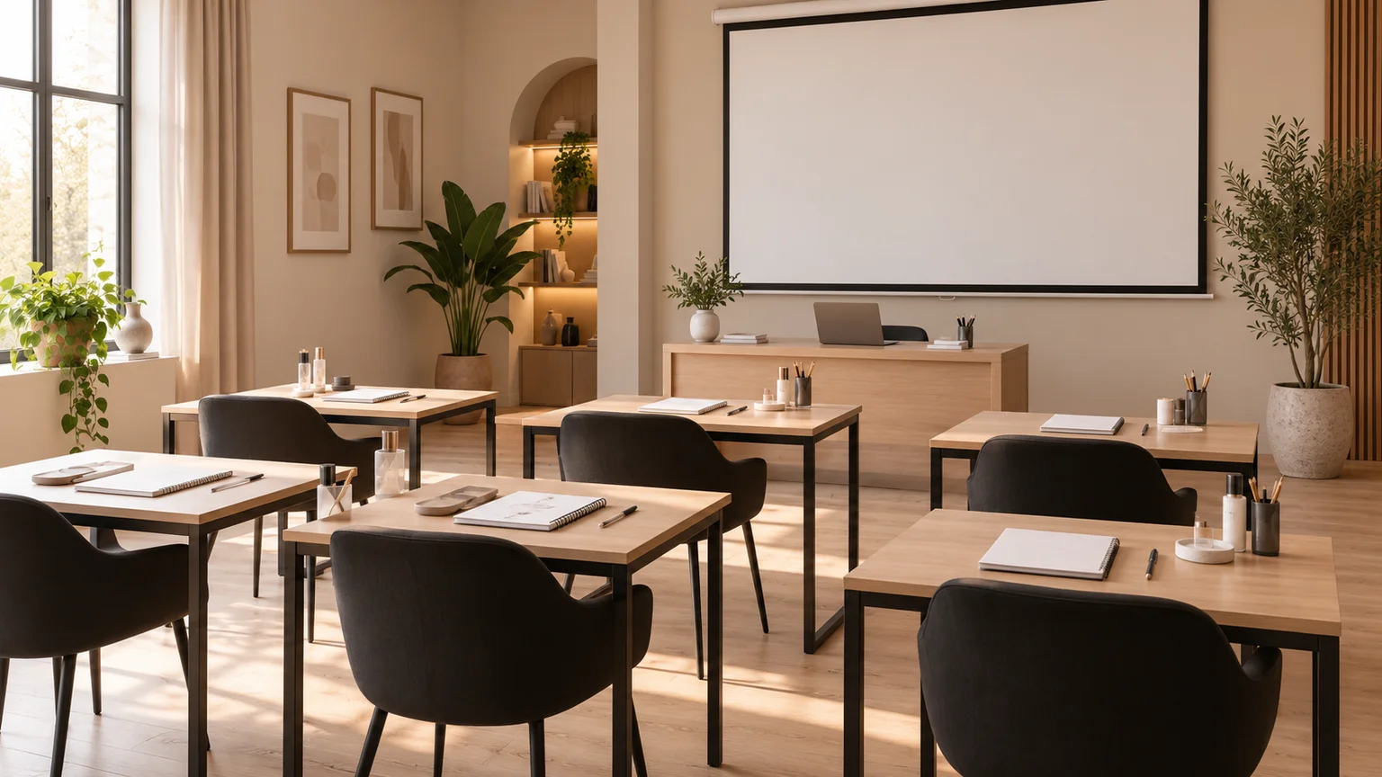 Illustration d’une salle de formation JUSTWELL avec bureaux et écran de projection